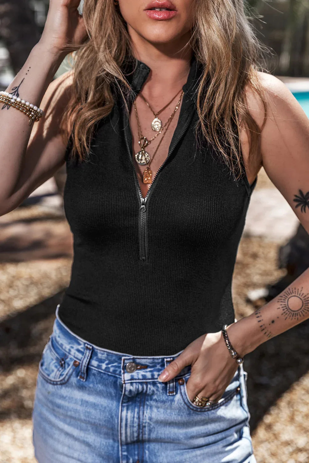 Black Zip up Mock Neck Ribbed Sleeveless Bodysuit - MarkoFit