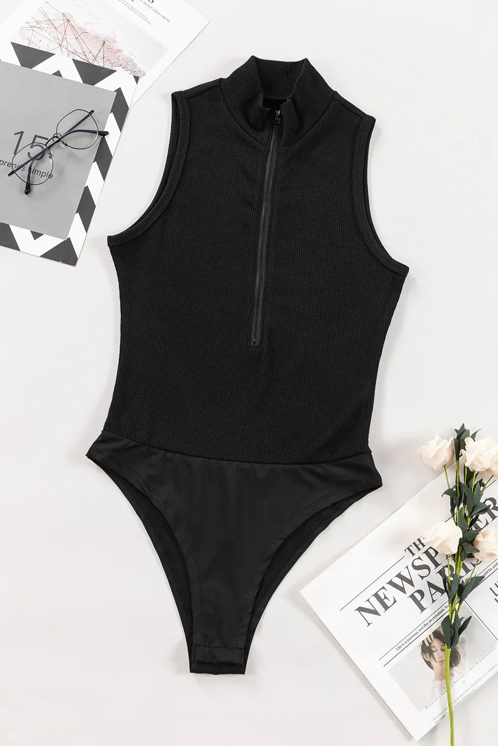 Black Zip up Mock Neck Ribbed Sleeveless Bodysuit - MarkoFit