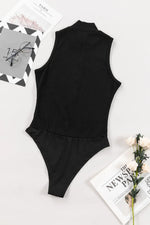 Black Zip up Mock Neck Ribbed Sleeveless Bodysuit - MarkoFit