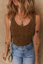 Brown Leopard Printed Sleeveless Scoop Neck Bodysuit - MarkoFit
