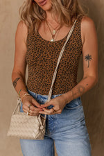 Brown Leopard Printed Sleeveless Scoop Neck Bodysuit - MarkoFit