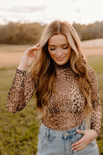 Brown Leopard Smocked Neck Mesh Long Sleeve Bodysuit - MarkoFit