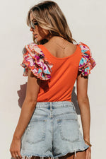 Orange Ribbed Knit Tiered Ruffled Sleeve Bodysuit - MarkoFit
