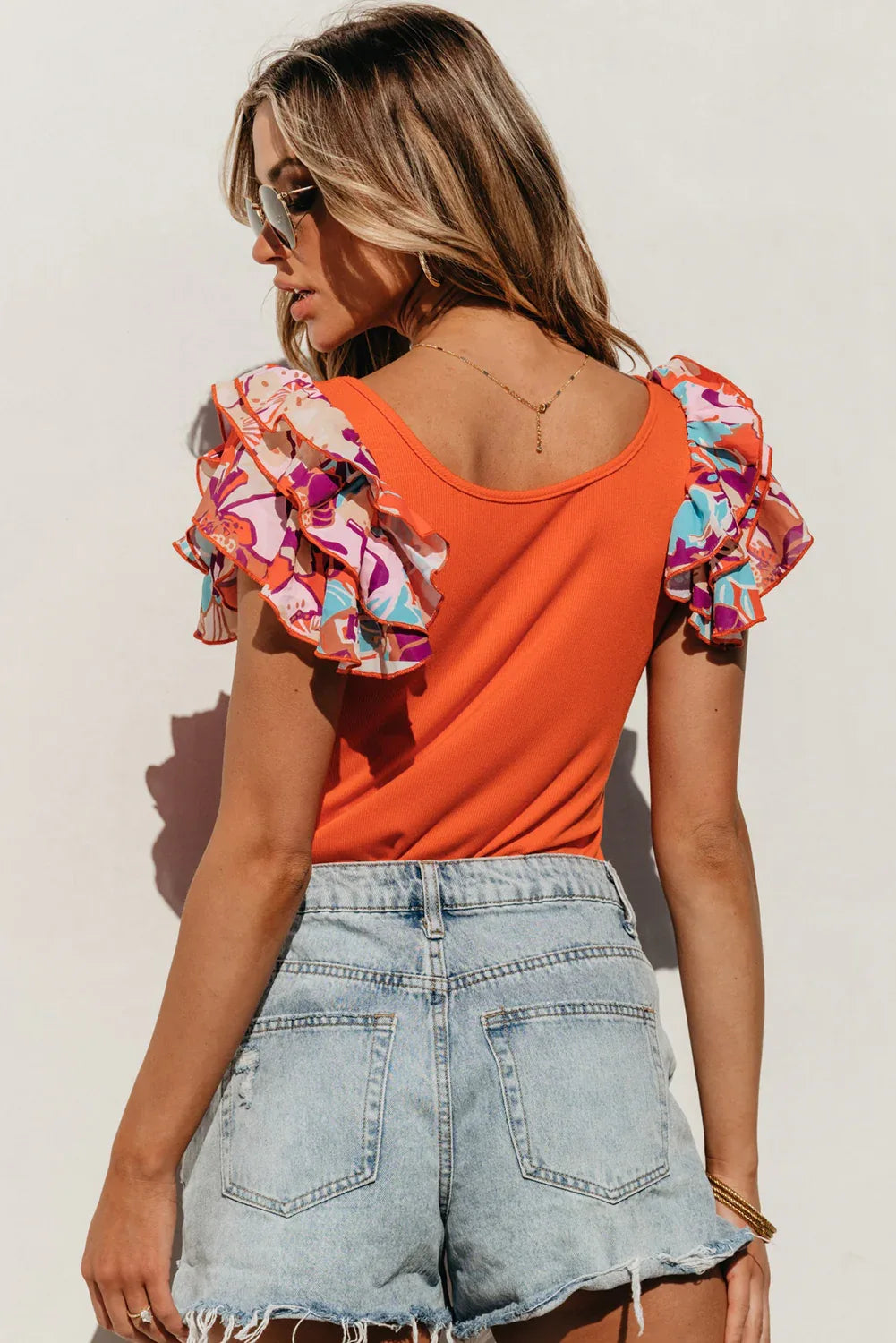 Orange Ribbed Knit Tiered Ruffled Sleeve Bodysuit - MarkoFit