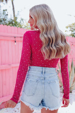 Rose Rhinestone O-neck Long Sleeve Bodysuit - MarkoFit