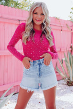 Rose Rhinestone O-neck Long Sleeve Bodysuit - MarkoFit