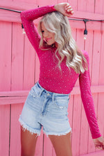 Rose Rhinestone O-neck Long Sleeve Bodysuit - MarkoFit