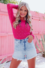 Rose Rhinestone O-neck Long Sleeve Bodysuit - MarkoFit