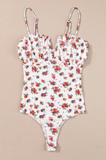 White Floral V Cut Frilled Trim Spaghetti Straps Bodysuit - MarkoFit
