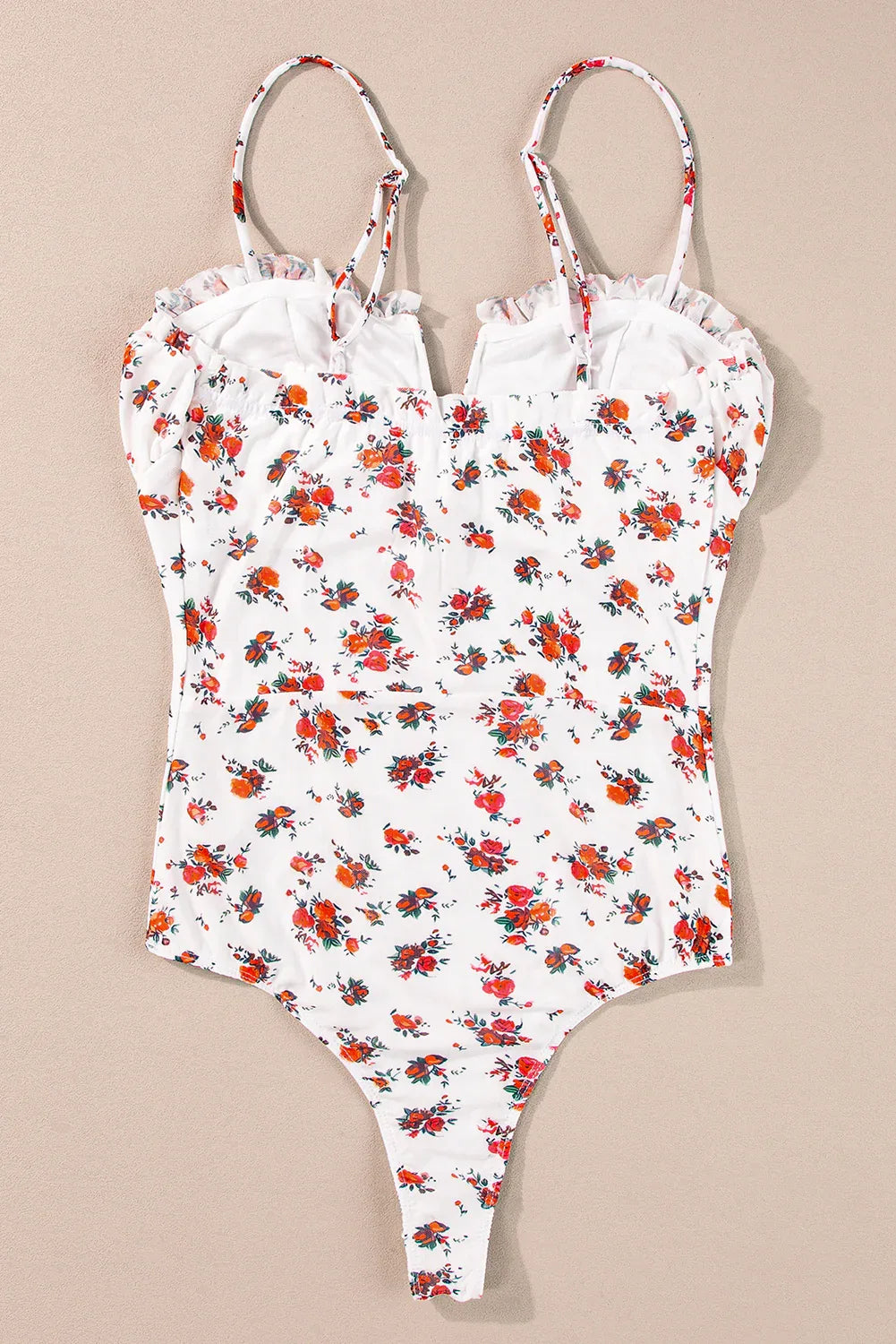 White Floral V Cut Frilled Trim Spaghetti Straps Bodysuit - MarkoFit