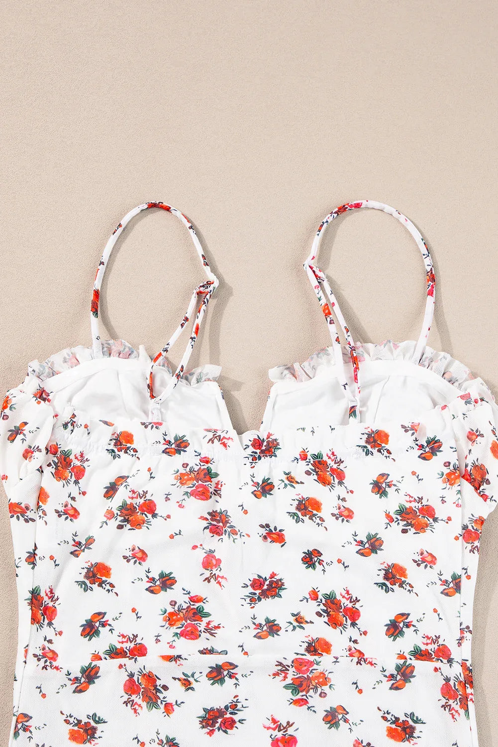 White Floral V Cut Frilled Trim Spaghetti Straps Bodysuit - MarkoFit