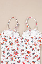 White Floral V Cut Frilled Trim Spaghetti Straps Bodysuit - MarkoFit
