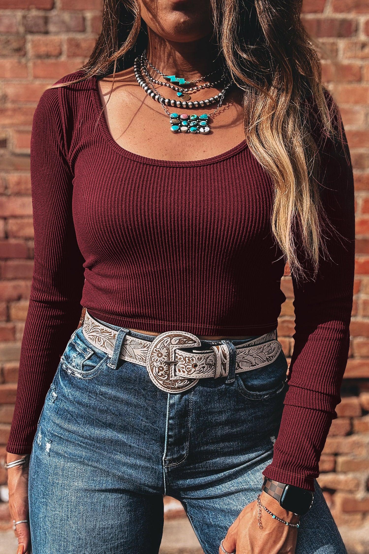 Coffee Ribbed Solid Color U Neck Cropped Long Sleeve Top - MarkoFit
