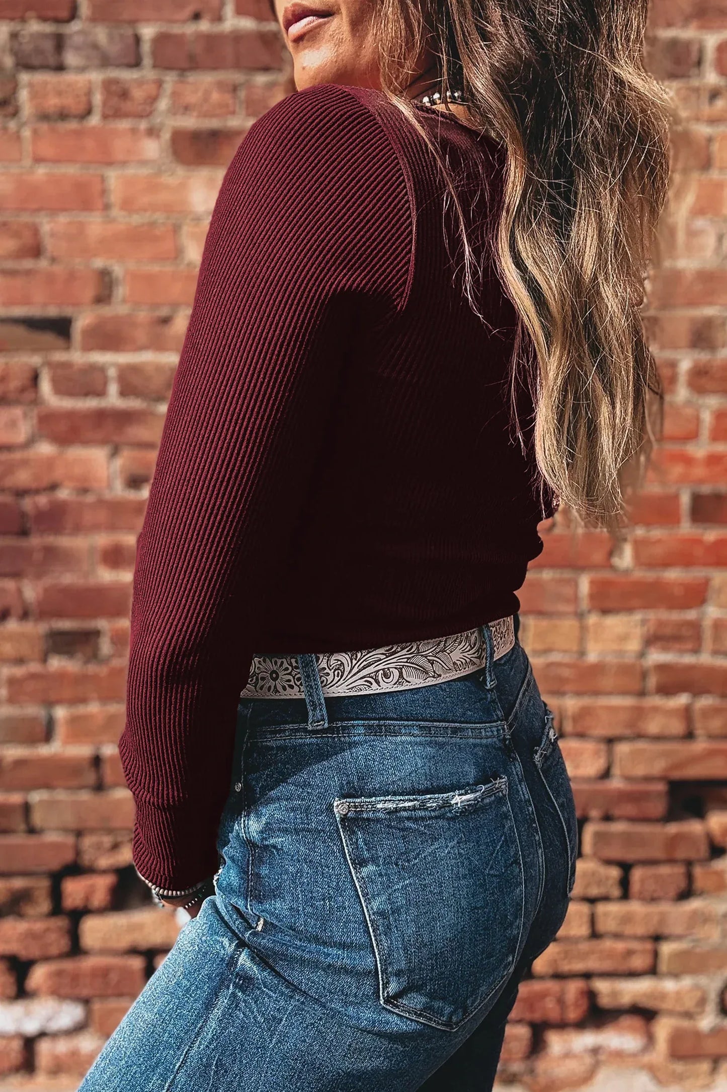 Coffee Ribbed Solid Color U Neck Cropped Long Sleeve Top - MarkoFit