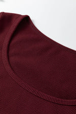 Coffee Ribbed Solid Color U Neck Cropped Long Sleeve Top - MarkoFit