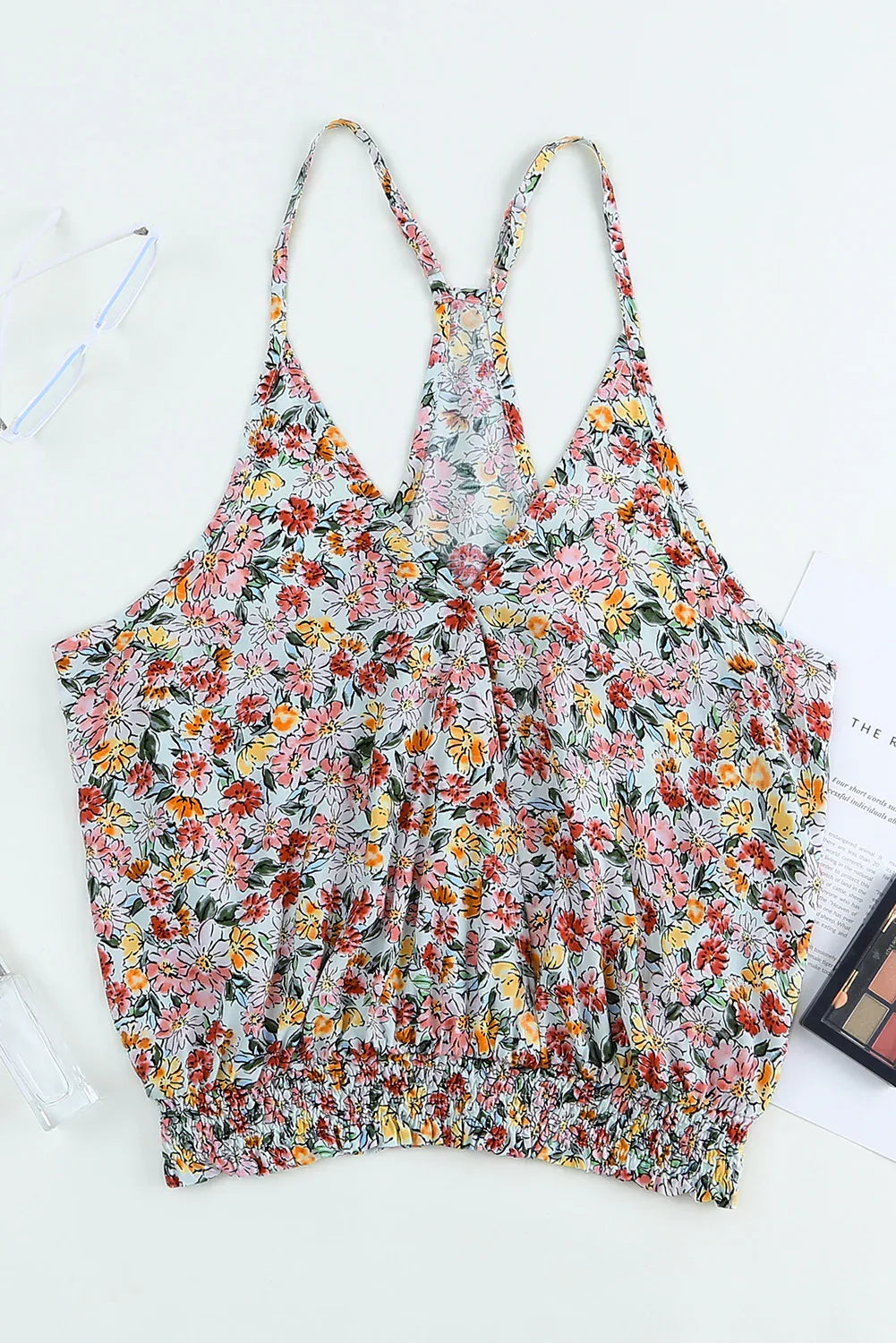 Multicolor Wrapped V Neck Floral Tank Crop Top - MarkoFit