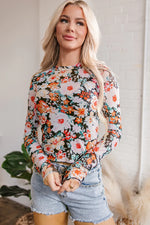 Orange Floral Mesh Slim Long Sleeve Crop Top - MarkoFit