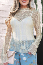 Apricot Flounced Long Sleeve Mock Neck Sheer Lace Top - MarkoFit