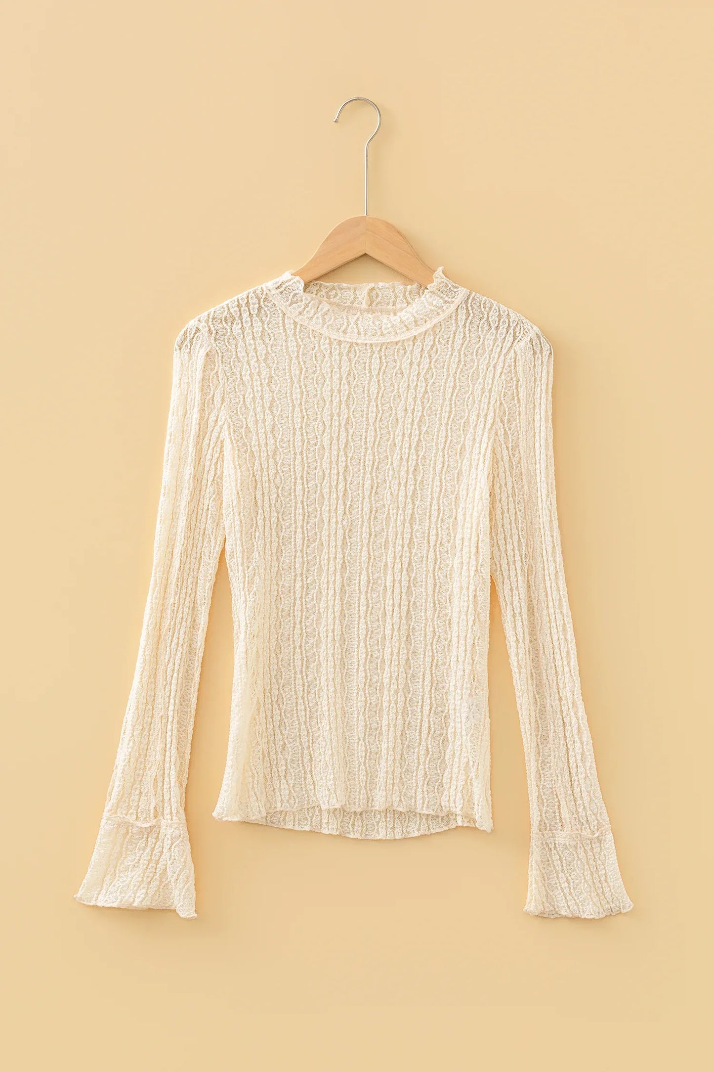 Apricot Flounced Long Sleeve Mock Neck Sheer Lace Top - MarkoFit