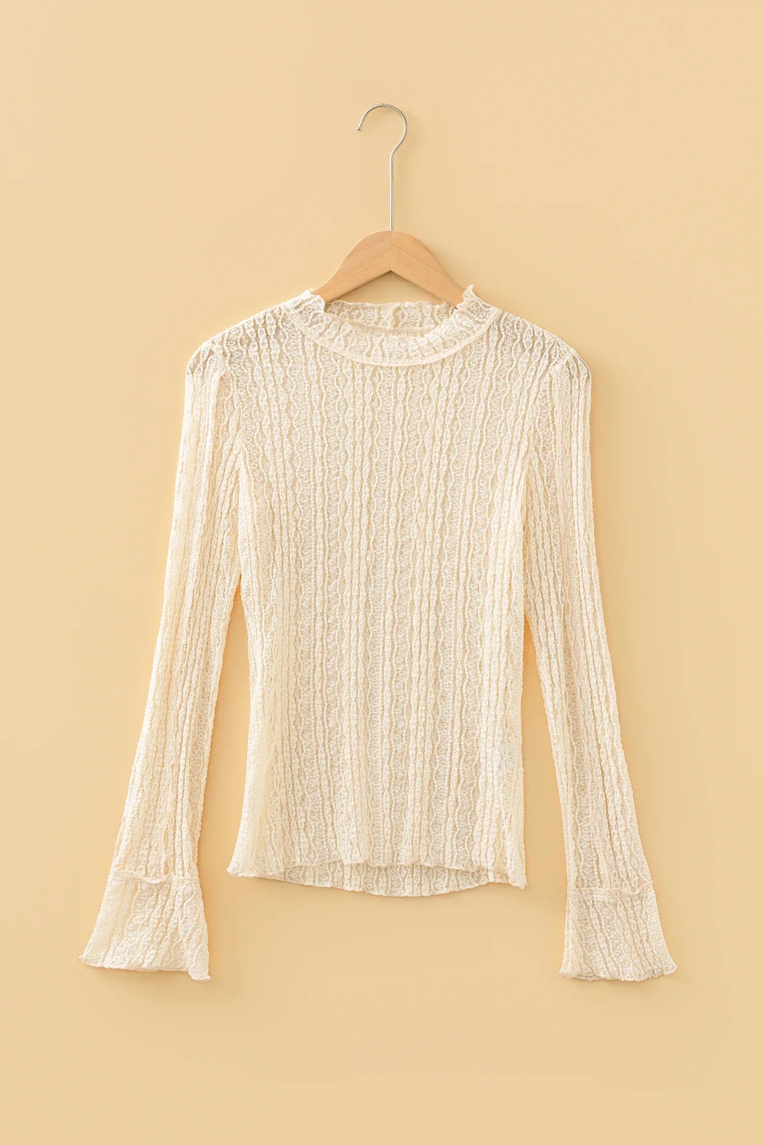 Apricot Flounced Long Sleeve Mock Neck Sheer Lace Top - MarkoFit