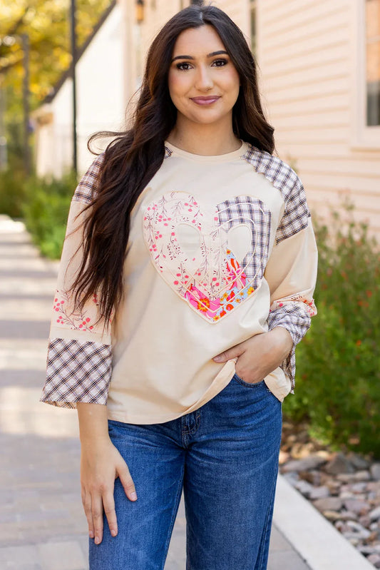 Beige Plaid Floral Peace Heart Graphic Wide Long Sleeve Top - MarkoFit