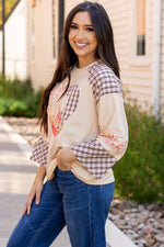 Beige Plaid Floral Peace Heart Graphic Wide Long Sleeve Top - MarkoFit