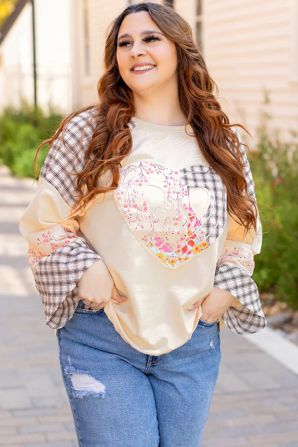 Beige Plaid Floral Peace Heart Graphic Wide Long Sleeve Top - MarkoFit