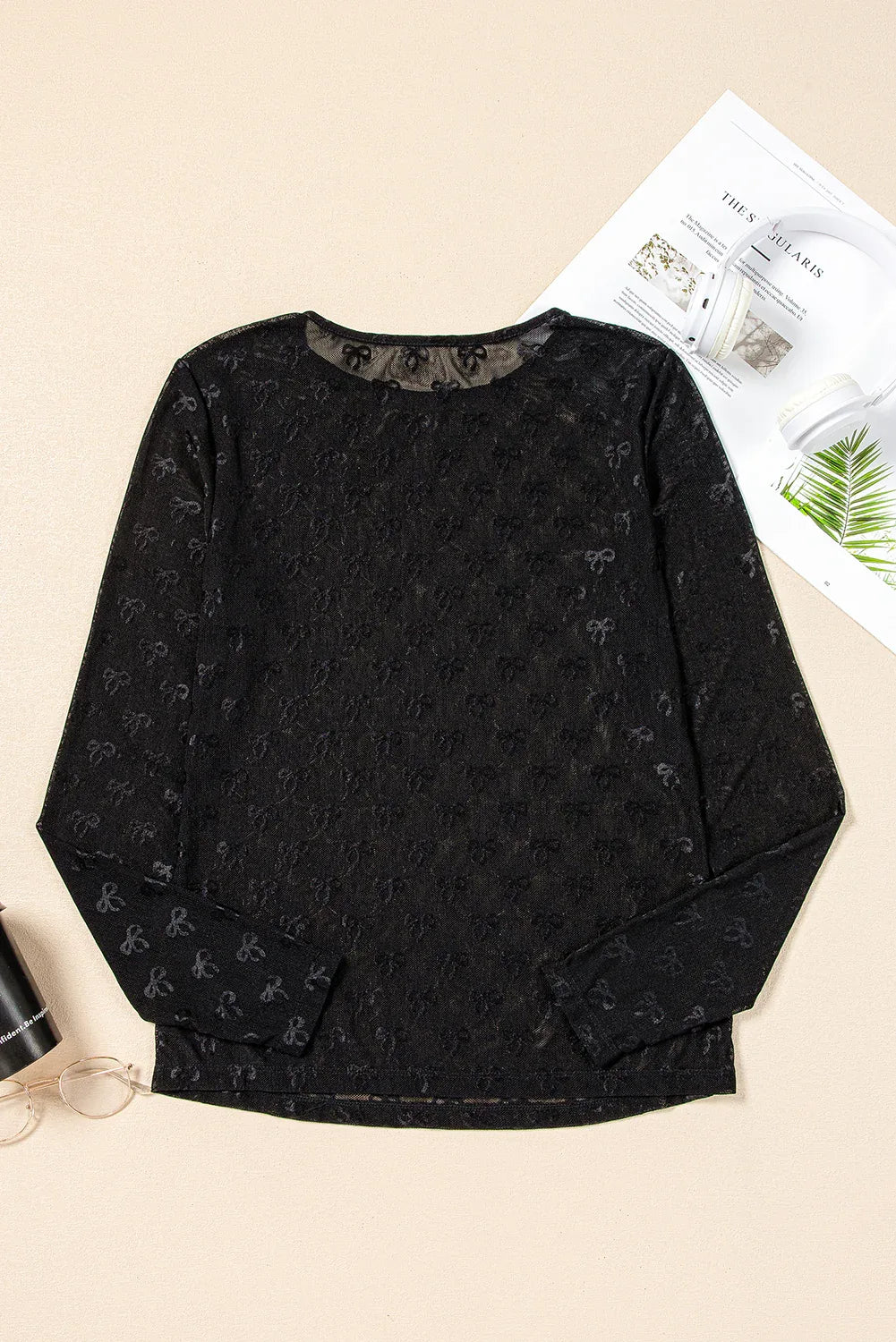 Black Mesh Bow Pattern Long Sleeve Top - MarkoFit