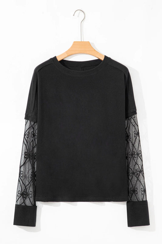 Black Solid Color Bow Textured Patchwork Long Sleeve Tee - MarkoFit