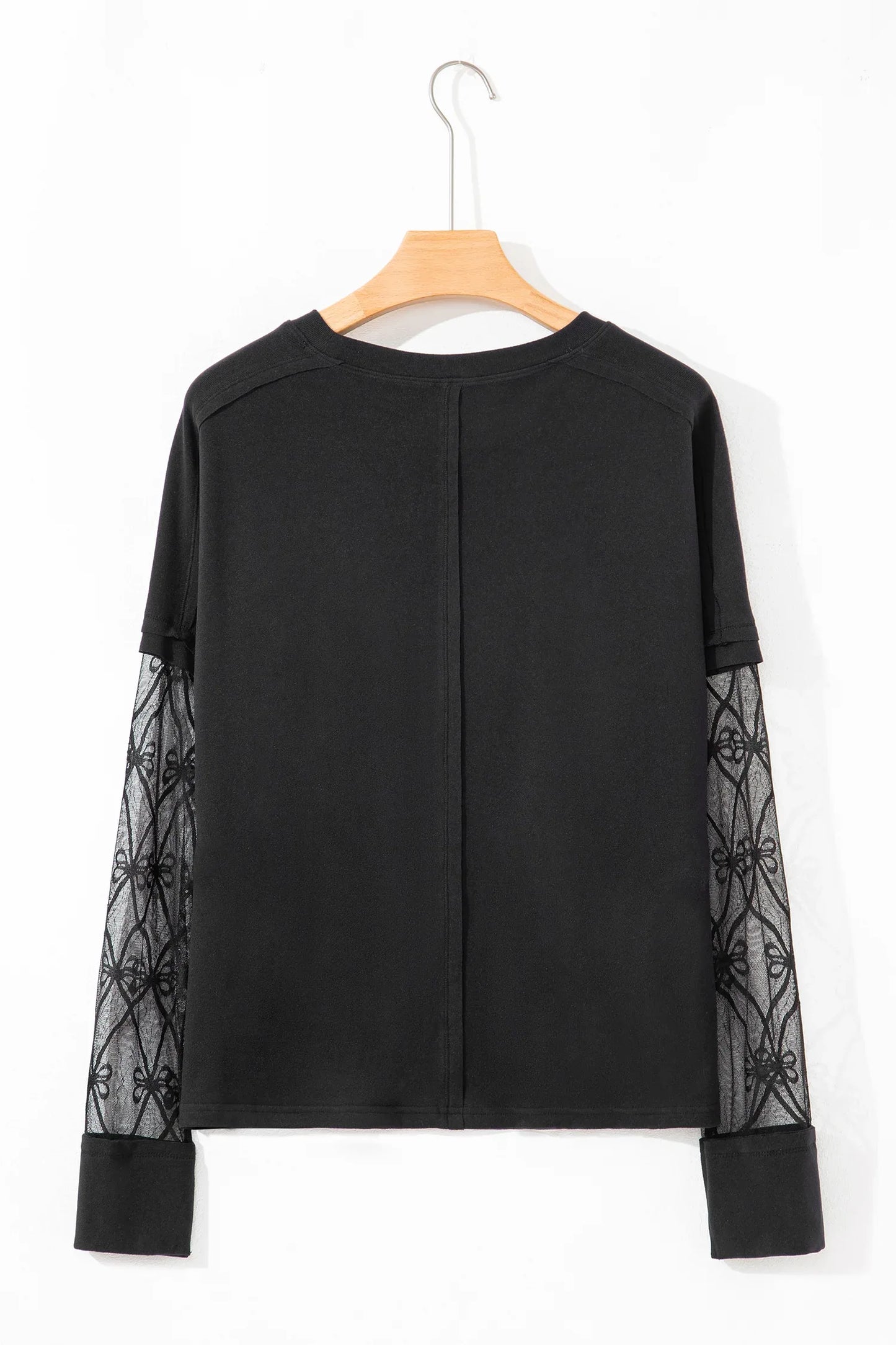 Black Solid Color Bow Textured Patchwork Long Sleeve Tee - MarkoFit