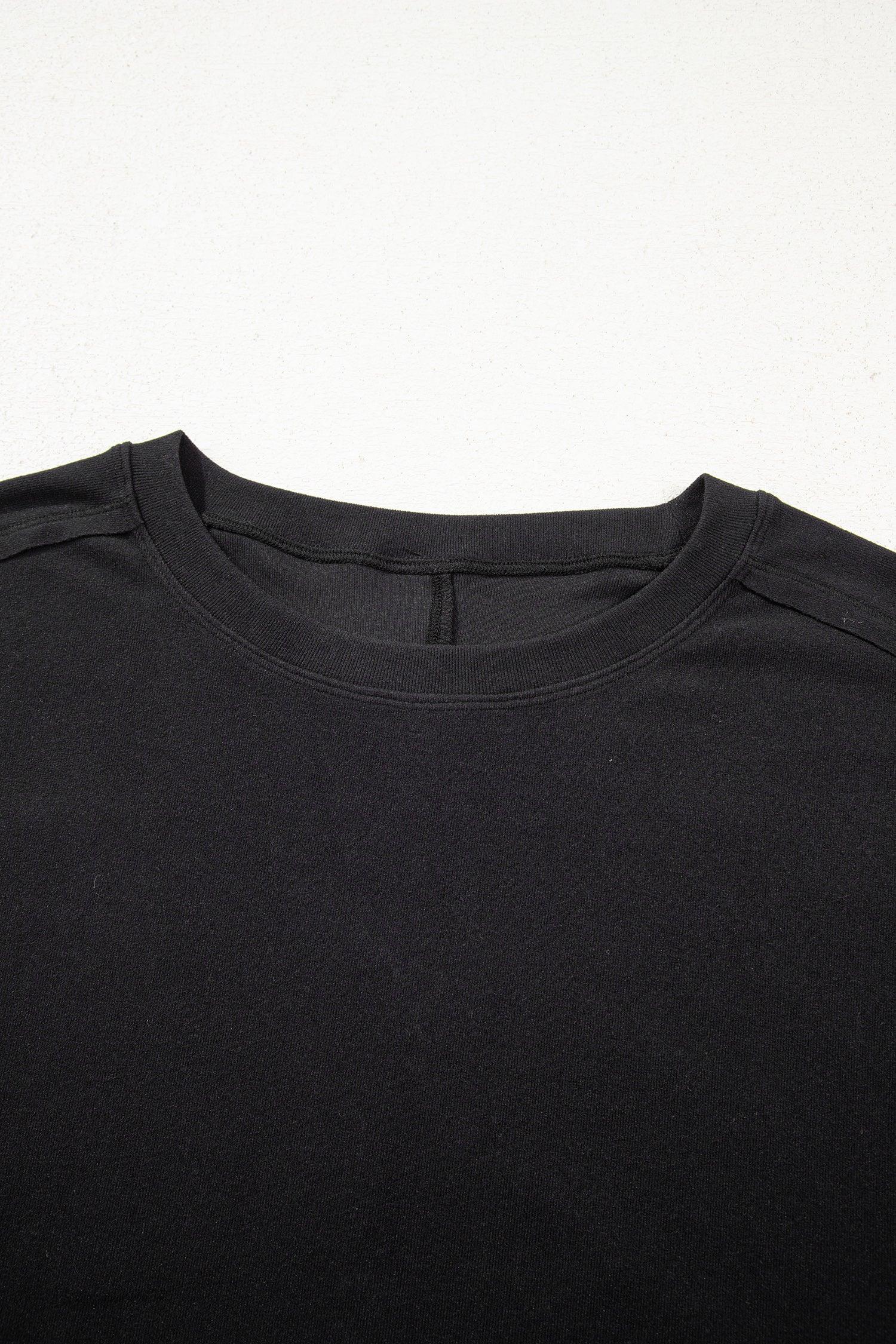 Black Solid Color Bow Textured Patchwork Long Sleeve Tee - MarkoFit