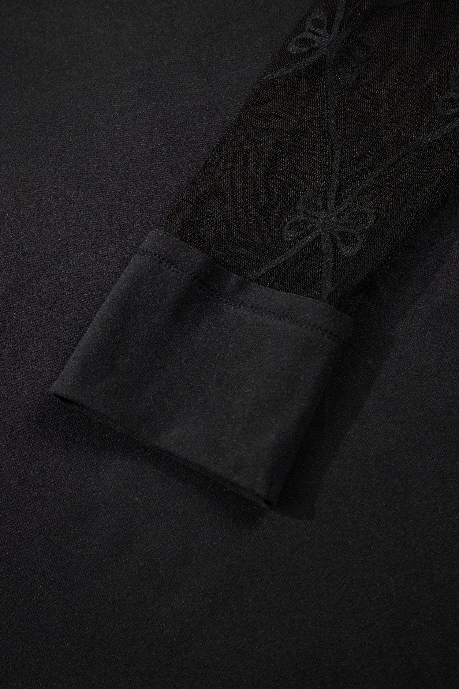 Black Solid Color Bow Textured Patchwork Long Sleeve Tee - MarkoFit