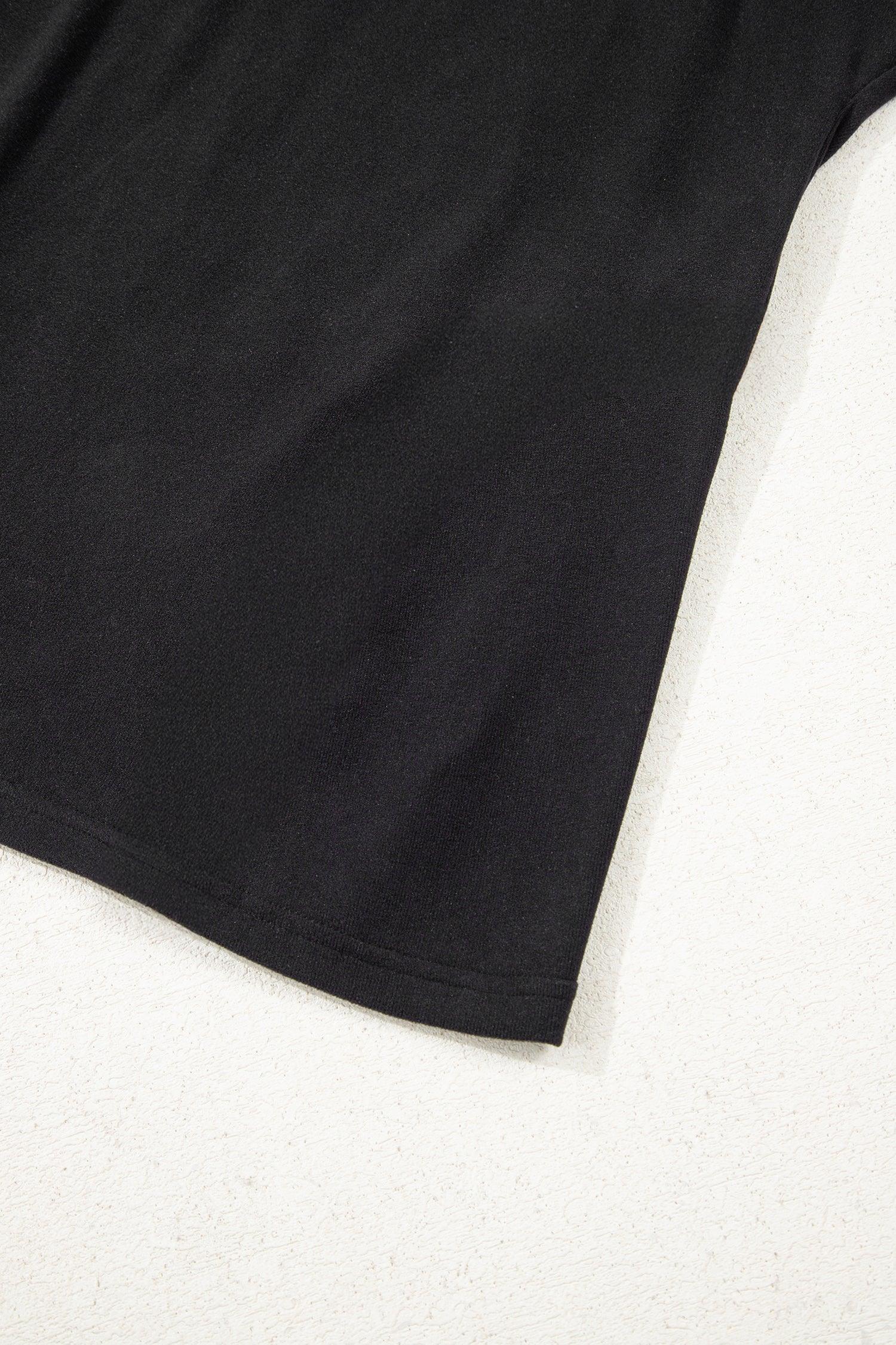 Black Solid Color Bow Textured Patchwork Long Sleeve Tee - MarkoFit