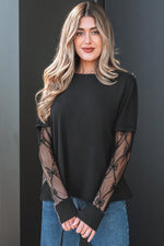 Black Solid Color Bow Textured Patchwork Long Sleeve Tee - MarkoFit