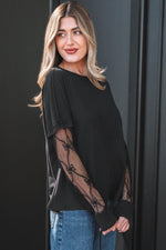 Black Solid Color Bow Textured Patchwork Long Sleeve Tee - MarkoFit