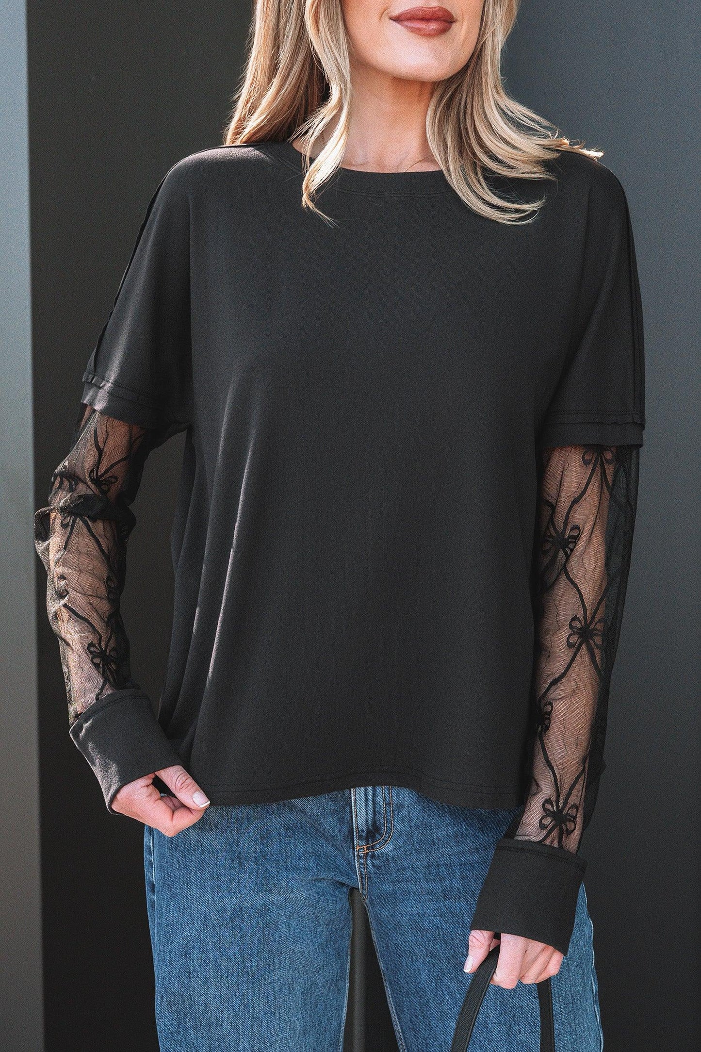 Black Solid Color Bow Textured Patchwork Long Sleeve Tee - MarkoFit