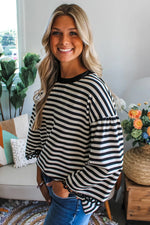 Black Striped Print Drop Shoulder Lace Trim Bracelet Sleeve Loose Top - MarkoFit