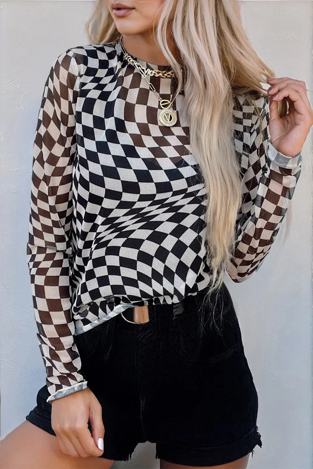 Black Checkered Pattern Mesh Mock Neck Long Sleeve Top - MarkoFit