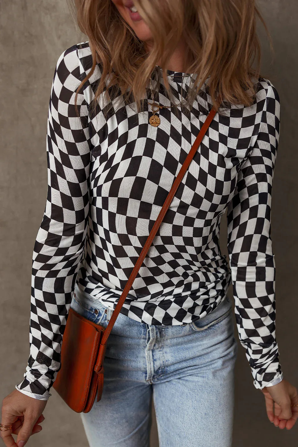 Black Checkered Pattern Mesh Mock Neck Long Sleeve Top - MarkoFit