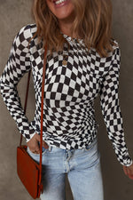 Black Checkered Pattern Mesh Mock Neck Long Sleeve Top - MarkoFit
