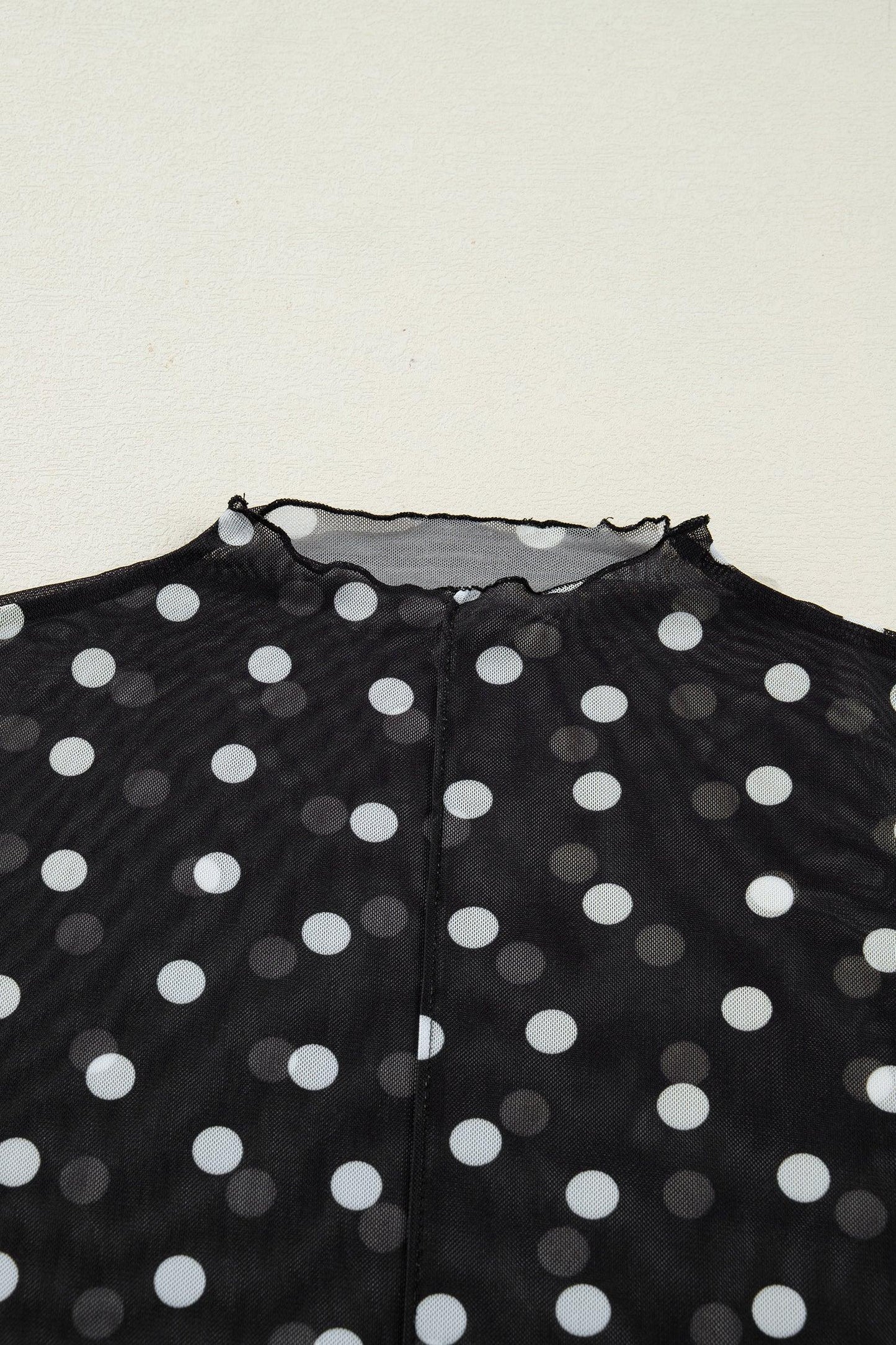 Black Polka Dot Patterned Bodycon Mock Neck Mesh Long Sleeve Top - MarkoFit