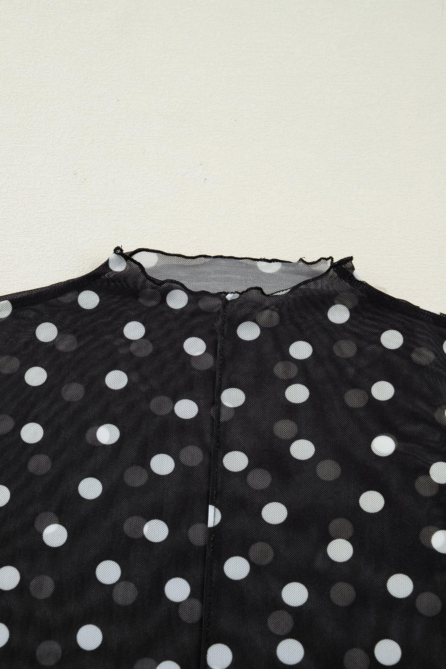 Black Polka Dot Patterned Bodycon Mock Neck Mesh Long Sleeve Top - MarkoFit
