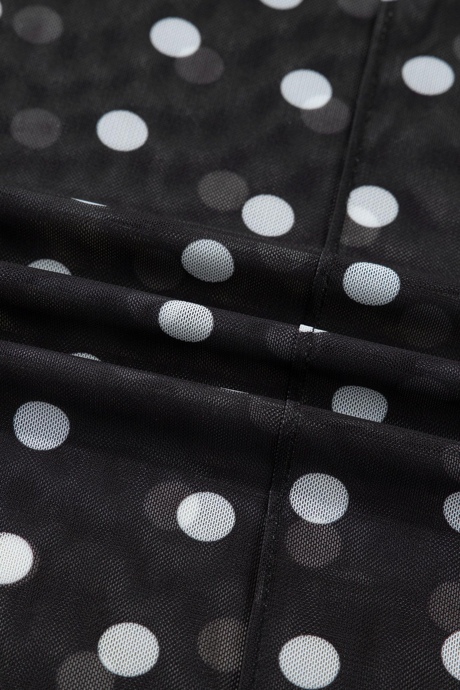 Black Polka Dot Patterned Bodycon Mock Neck Mesh Long Sleeve Top - MarkoFit