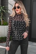 Black Polka Dot Patterned Bodycon Mock Neck Mesh Long Sleeve Top - MarkoFit