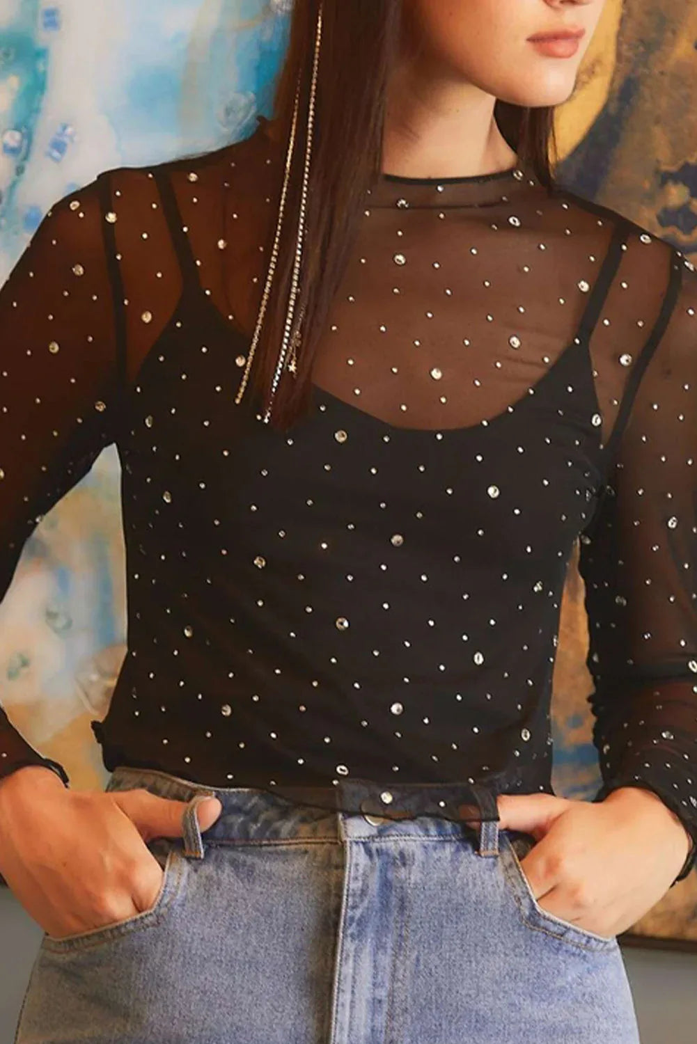 Black Rhinestone Sheer Mesh Slim Fit Long Sleeve Top - MarkoFit