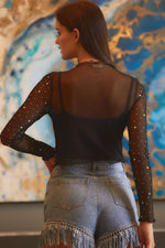 Black Rhinestone Sheer Mesh Slim Fit Long Sleeve Top - MarkoFit