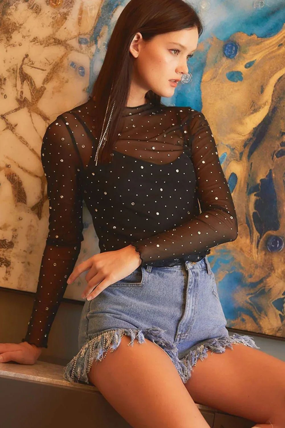 Black Rhinestone Sheer Mesh Slim Fit Long Sleeve Top - MarkoFit