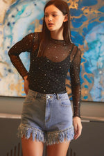 Black Rhinestone Sheer Mesh Slim Fit Long Sleeve Top - MarkoFit