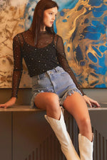 Black Rhinestone Sheer Mesh Slim Fit Long Sleeve Top - MarkoFit