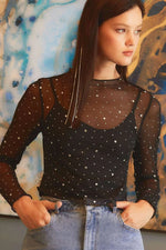 Black Rhinestone Sheer Mesh Slim Fit Long Sleeve Top - MarkoFit
